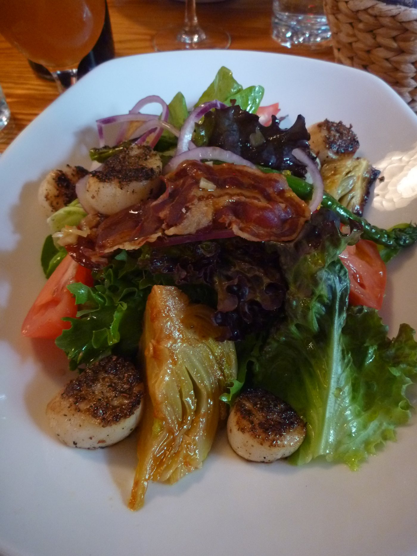 Seared sea scallops and greens at Chez Piggy