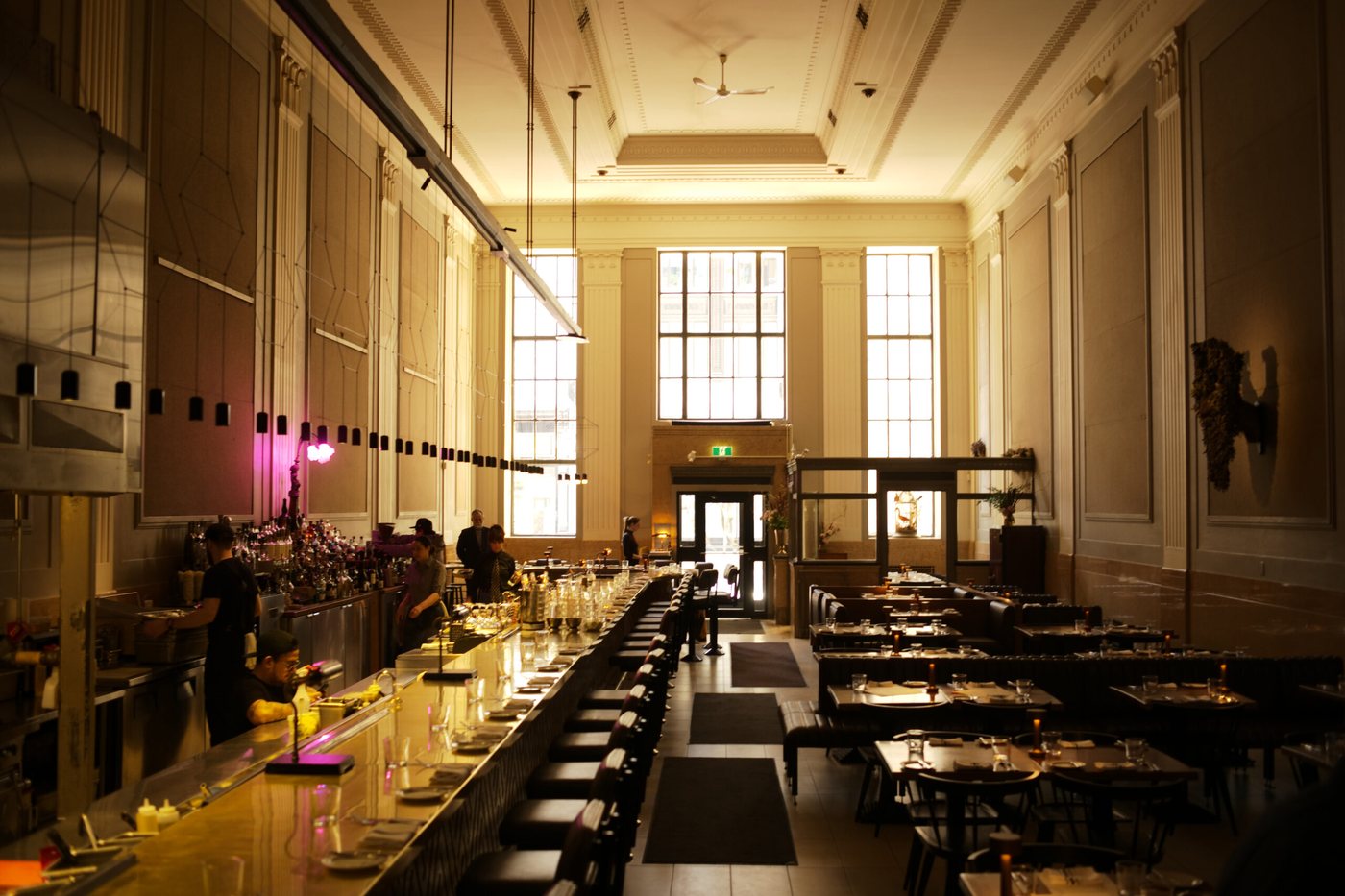 Riviera's long dining hall and brass bar in the former bank