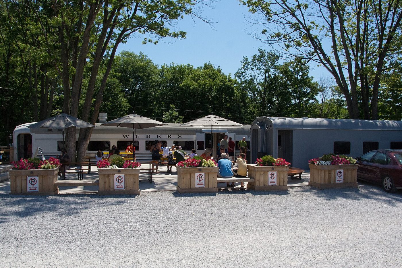 Webers railway cars and patio seating off Highway 11