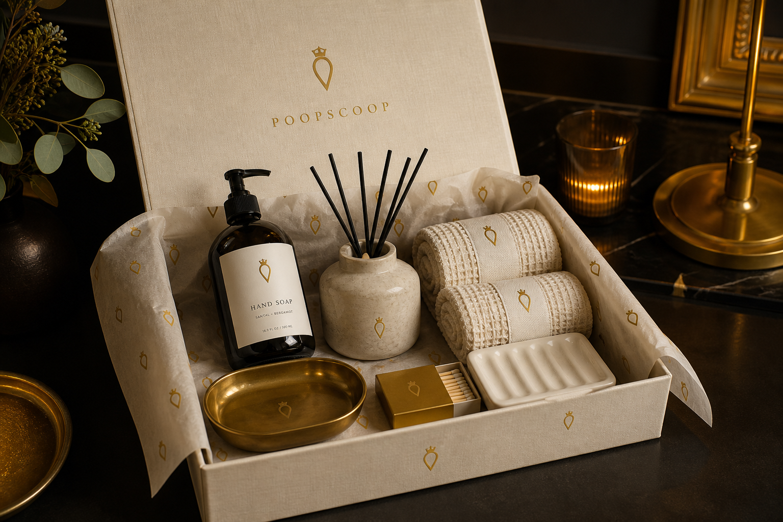 WeFlush bathroom kit: soap, diffuser, towels, brass tray